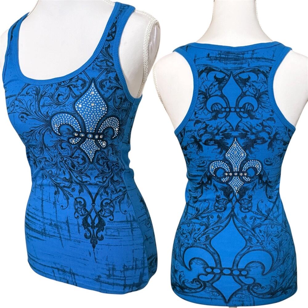 Blue Rhinestone Fleur de Lis Tank Top XL